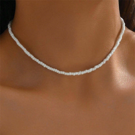 Collier perles blanches ras de cou minimaliste acier inoxydable